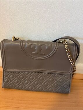 Tory Burch Quilted Taupe Leather Shoulder Bag with Gold Chain